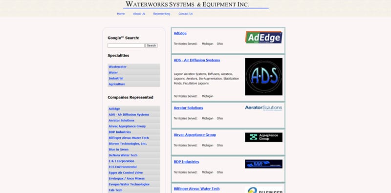 The thumbnail for the website of our sales representative, Waterworks Systems & Equipment Inc. in Michigan