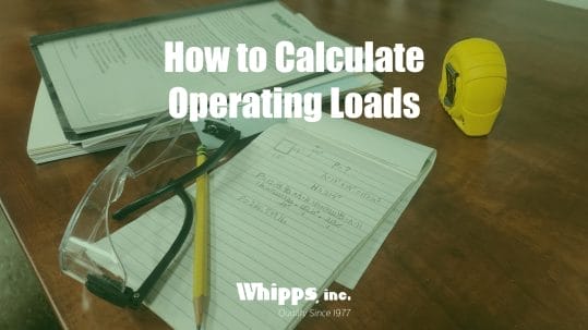 Close-up image of a notebook with handwritten calculations, a yellow measuring tape, safety glasses, and a pencil on a wooden table, with "How to Calculate Operating Loads" text overlayed.