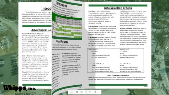 A digital flip book of the water control equipment brochure provided by Whipps, Inc. as it flips to a new page.