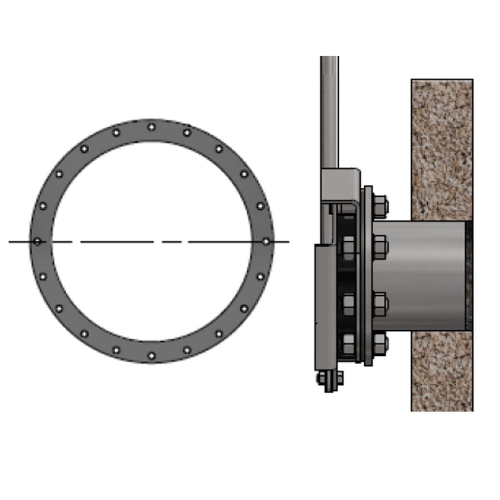 A close up picture on a pipe flange and a shear gate from Whipps, Inc. that is mounted to it.