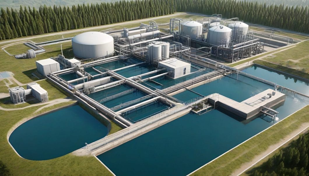 Industrial water treatment facility surveyed by a drone from above in a simulation.