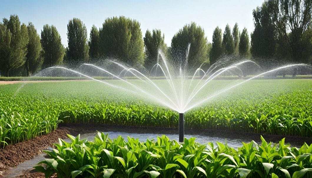 An Irrigation System spraying water over he lush plants around it due to the water control equipment Whipps, Inc. manufactured for it.