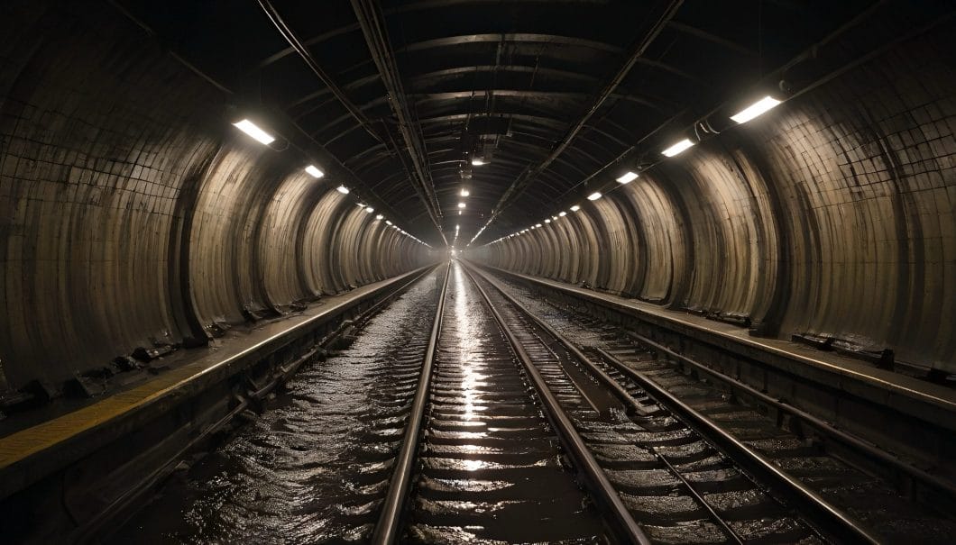 A damp mining tunnel in need of Whipps, Inc. water control equipment.