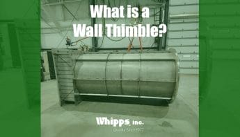 A large stainless steel wall thimble gate assembly sits in a factory setting, prepared for installation. Text overlay reads: "What is a Wall Thimble?" with the Whipps, Inc. logo and the tagline "Quality Since 1977."