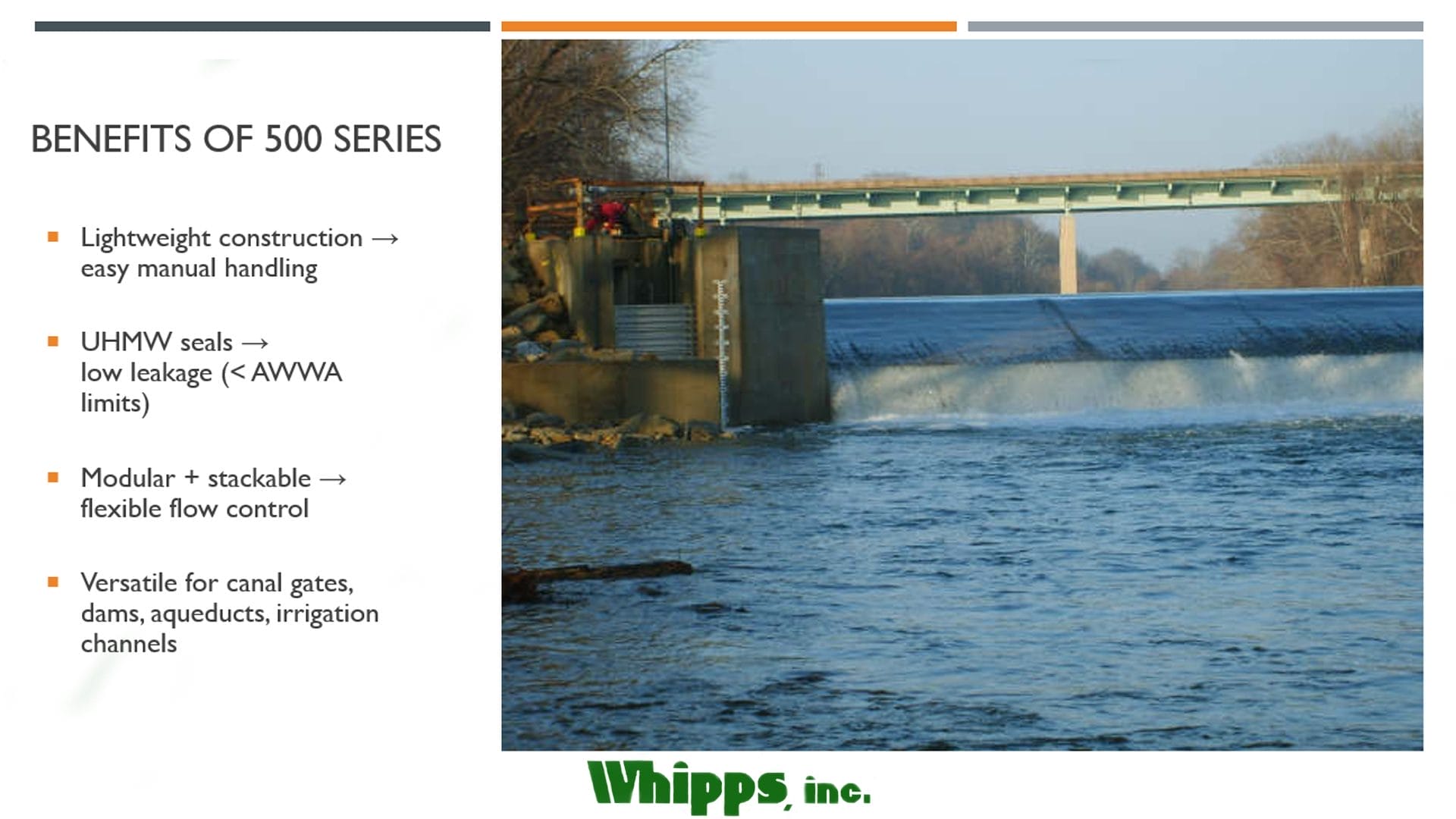 A slide from our training powerpoint slide show for Whipps, Inc.'s 500 Series Stop Logs